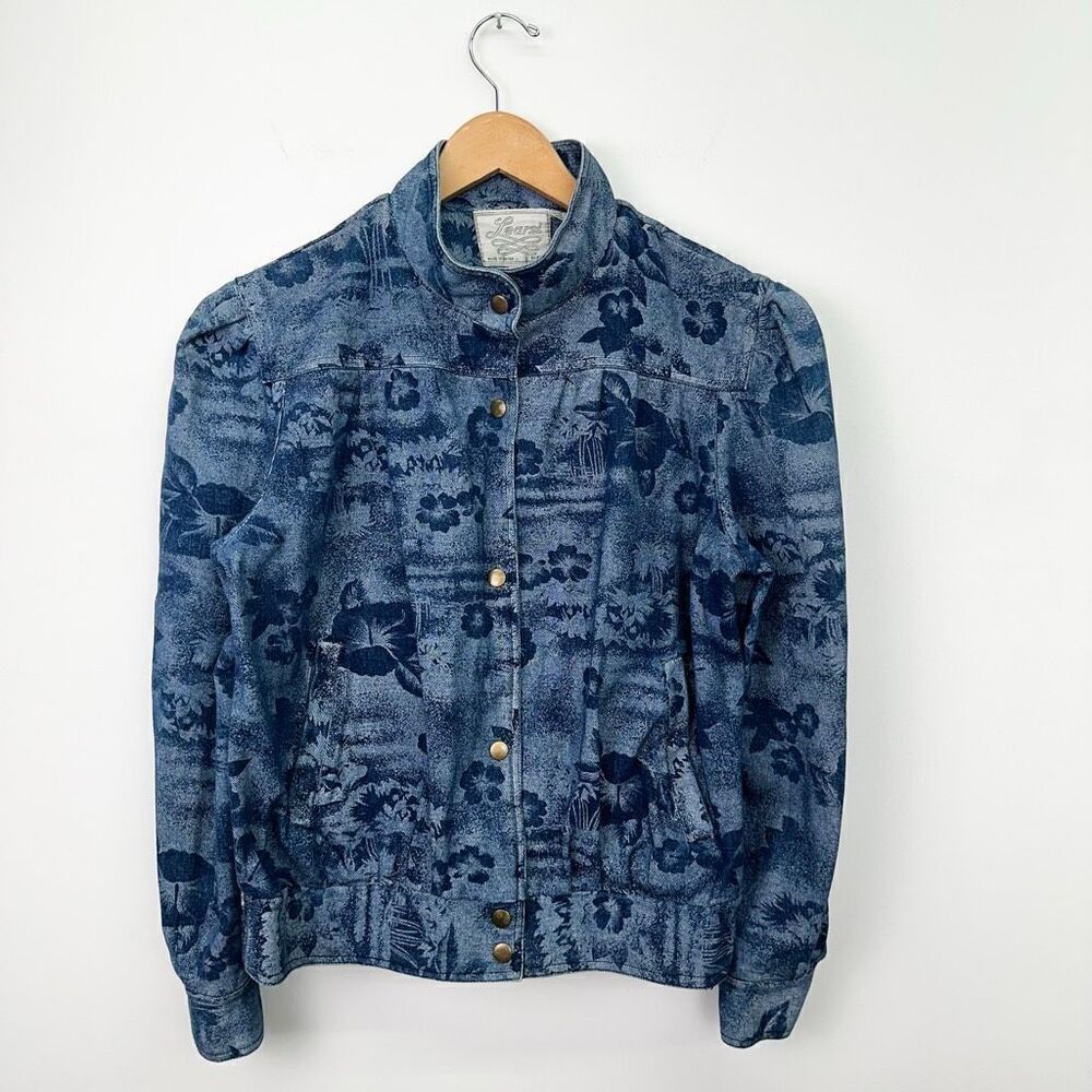 Learsi Women’s Vintage Hawaiian Hibiscus Floral Puff Sleeve Snap Jean Jacket